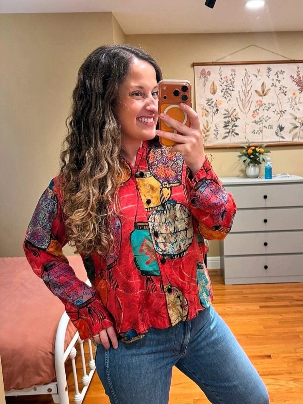 Vintage Chico's Hot Air Balloon Silk Design Red Abstract Jacket Size Medium 1